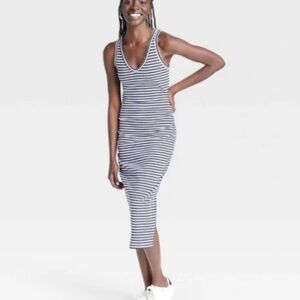 A New Day~Womens Rib Knit Side Ruched Dress in Navy Blue Striped. Size Lg.